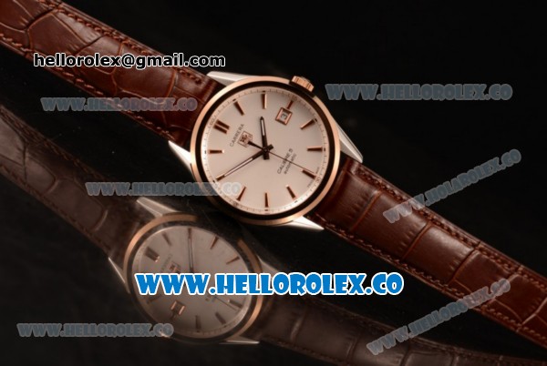 Tag Heuer Carrera Calibre 5 wiss ETA 2824 Automatic Steel Case with Brown Leather Strap and White Dial - Click Image to Close